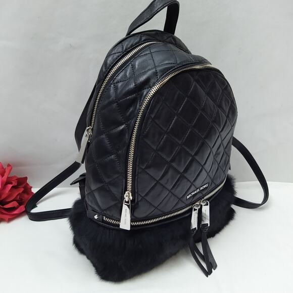 Michael Kors Rhea Black Leather Quilted Fur Zipper Top Handle Backpack main image 15